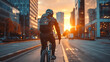 © btiger - Cyclist Commuting in Urban City at Sunset Wearing Helmet and Backpack on Empty Street with Skyscrapers in Background