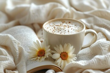 Wall Mural - A white coffee cup with a flower on top of it is sitting on top of a book