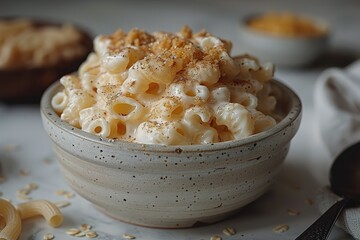 Wall Mural - A bowl of macaroni and cheese with a sprinkle of cheese on top