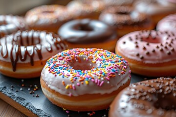 Wall Mural - A row of donuts with sprinkles on them