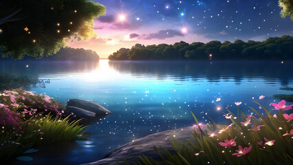 Wall Mural - fireflies on the lake scenery 3d