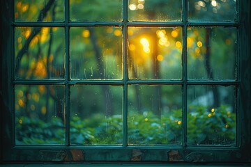 Wall Mural - A window with a view of trees and a bright sun