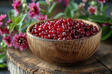 Wall Mural - A bowl of red fruit is on a wooden table