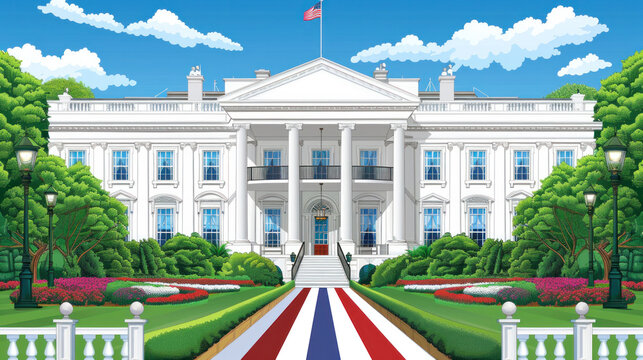 The White House with a red, white, and blue ribbon on the ground. The house is surrounded by a lush green lawn and a beautiful garden. Concept of patriotism and pride in the United States
