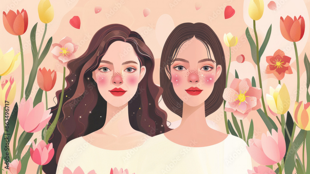 Two women with red lips and red eyes are standing in a field of flowers ...