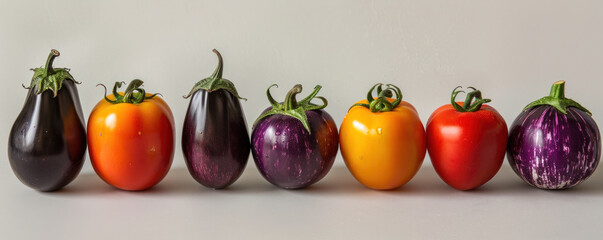 Poster - A row of vegetables including tomatoes and eggplants. The vegetables are arranged in a line, with the eggplants on the left and the tomatoes on the right