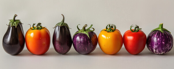 Wall Mural - A row of vegetables including tomatoes and eggplants. The vegetables are arranged in a line, with the eggplants on the left and the tomatoes on the right