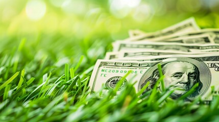 One hundred dollar bills growing in grass symbolizing investment growth