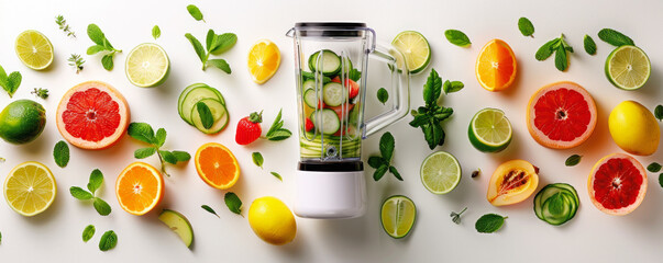 A blender full of fruit and vegetables is surrounded by a variety of fruits and vegetables. Concept of health and wellness, as well as the importance of incorporating fresh produce into one's diet