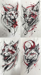 Vampire color cat tattoo idea on white background