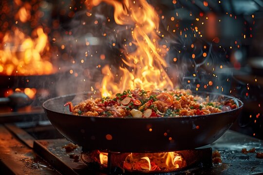A Wok of Food Cooking Over a Flame