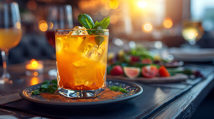 Wall Mural - A refreshing drink with orange juice and mint leaves served on a plate.