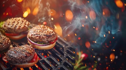 Sizzling burgers on the grill with patriotic