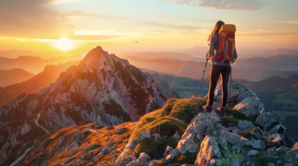 Wall Mural - The image shows a man standing on a mountaintop, looking out at the view. The sun is setting behind him, and the sky is a golden orange color. The man is wearing a backpack and hiking gear, and he has