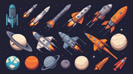 Wall Mural - A colorful space scene with three rockets flying through the sky. The background features a large planet and a body of water. Scene is one of adventure and exploration