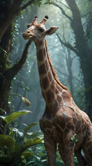 a giraffe standing in the middle of a forest