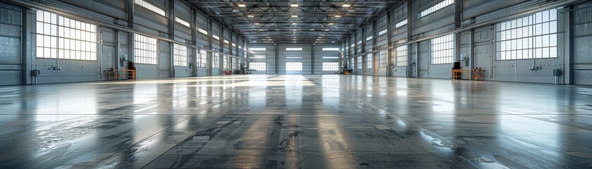 panoramic view of a large, empty industrial warehouse with polished concrete floors, high ceilings, 