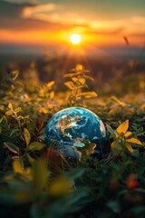 Wall Mural - An image of a globe with the sun setting behind it