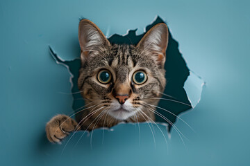 Wall Mural - Felidae head with electric blue eyes peeking from hole in wall