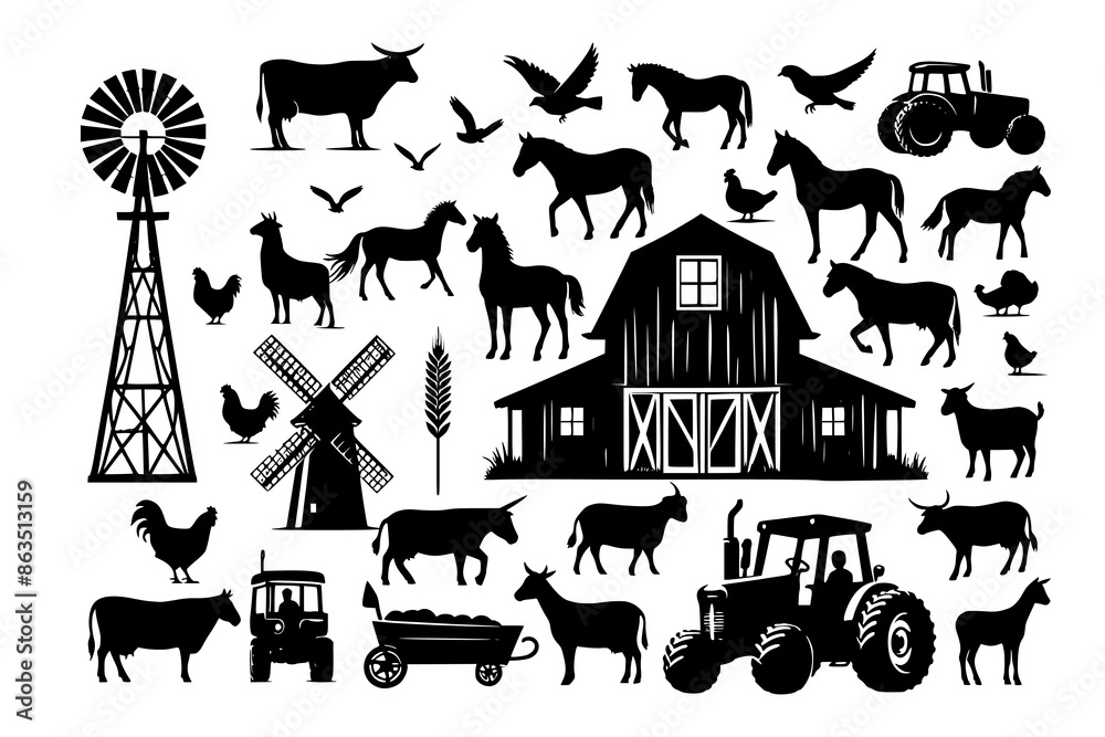 Set of farm life silhouette vector depicting agriculture and rural ...