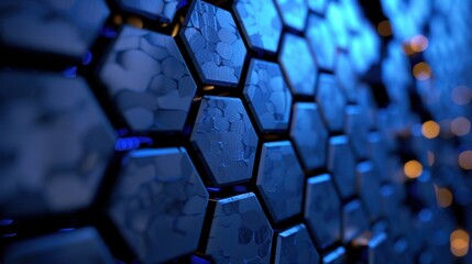 Wall Mural - A digital blue background with hexagons and bright rings, representing technological advancement and innovation.
