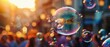 © TPS Studio - Colorful Soap Bubbles Floating in the Air with a Vibrant City Street Background at Sunset