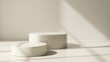 © Sue Tansirimas - Two modern and minimal beige geometric round cylinder podium in sunlight, shadow for luxury beauty, skincare, cosmetic, body care product display background 3D