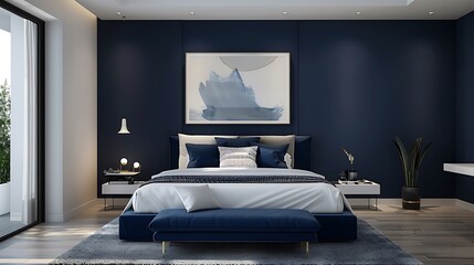 Navy blue accent wall in a modern bedroom, minimalist decor, bold color, contemporary home, stylish design, chic interior, elegant setting, vibrant ambiance.