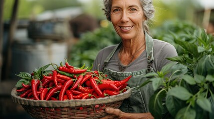 Wall Mural - Harvest Time: A Farmer Proudly Presents Her Chilli Peppers