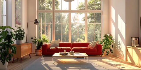 A modern living room with two red sofas, a wooden coffee table and a floor lamp near the window. A Scandinavian home interior design of a contemporary flat in white colors