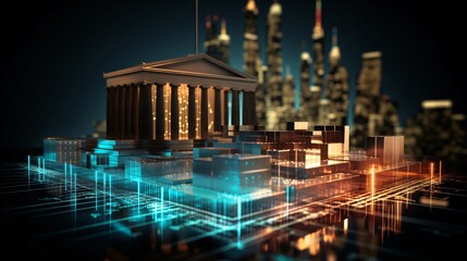 Poster - Government building with columns standing on a circuit board with a digital city in the background