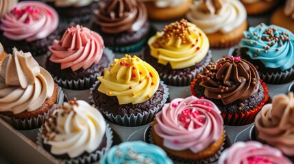 Wall Mural - Close up view of assorted colorful cupcakes in a box