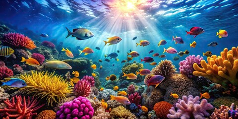 Vibrant underwater ecosystem with schools of fish swimming among colorful coral reefs under the sunlight, underwater, ecosystem