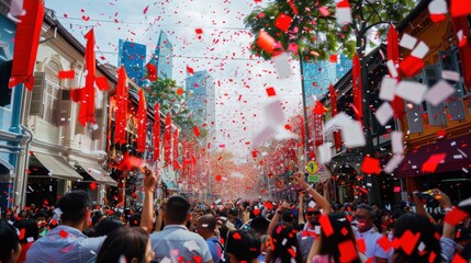 A vibrant street scene explodes with red and white confetti as a diverse crowd celebrates Singapore National Day.