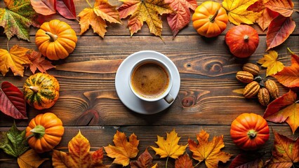 Wall Mural - Cup of coffee surrounded by autumn leaves and pumpkins, coffee, cup, autumn, leaves, pumpkins, fall, seasonal, warm