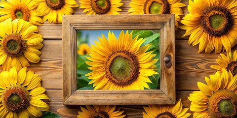 Wall Mural - Close up of wooden frame filled with vibrant sunflowers, sunflowers, wooden frame, close up, vibrant, nature, yellow, petals