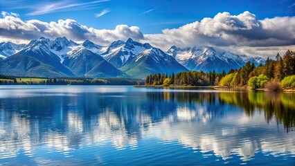 Wall Mural - Lake view with snow-capped mountain in the background , peaceful, serene, tranquil, scenic, nature, landscape, water, reflection