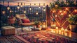 © tammanoon - Cozy balcony scene with heart-shaped lanterns and patterned rugs, perfect for a romantic evening outdoors, Balcony