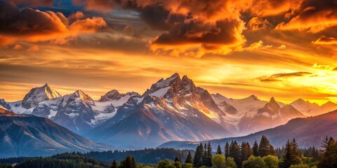 Wall Mural - Sunset casting a warm glow over the majestic mountains , sunset, mountains, scenic, landscape, nature, dusk, evening, sky