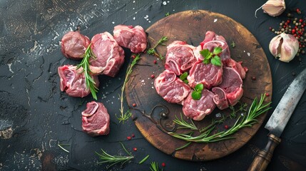 Canvas Print - Veal beef oxtail meat on wooden board with cleaver dark background top view