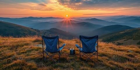 Wall Mural - Mountaintop Sunrise with Two Folding Chairs