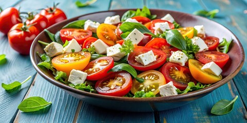 Wall Mural - Fresh and colorful salad with ripe tomatoes and creamy cheese, healthy, vegetarian, food, salad, tomatoes, cheese, organic