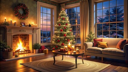 Cozy Christmas living room interior with fireplace, table, window and tree at night, festive, holiday, decoration, cozy