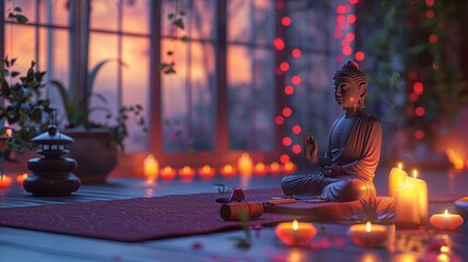Zen Oasis Tranquil Meditation Space with Yoga Mat Buddha Statue Candles and Incense in Soft Twilight Glow