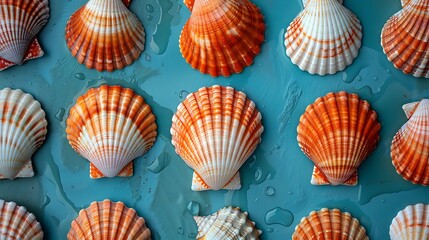 Wall Mural - **Red seashell pattern on a solid turquoise blue background
