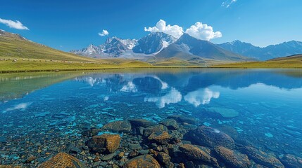 Wall Mural - The Khövsgöl Lake shimmers like a sapphire jewel, reflecting the surrounding mountains in its crystal-clear waters, inviting travelers to immerse themselves in its serene beauty.