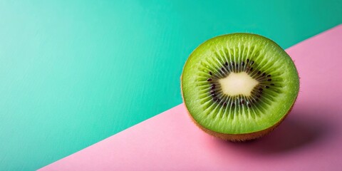 Sliced kiwi fruit on pastel green and pink background with shadow, kiwi, fruit, sliced, vibrant, summer, food, minimalist