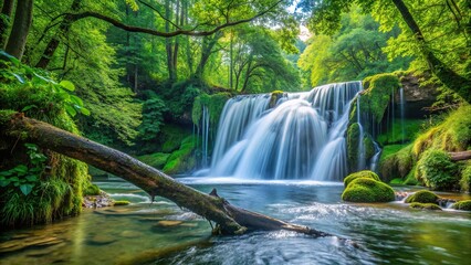 Wall Mural - Water cascading down surrounded by lush greenery next to a fallen tree, Waterfall, nature, green foliage, scenery