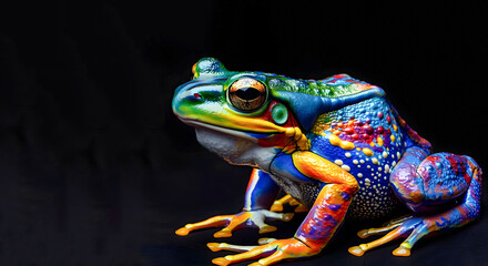 Visually Striking Multicolored Frog with Captivating Textured Skin and Bright Fluorescent Hues Showcased in Detailed Digital Against Isolated Black Background