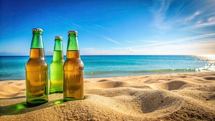 Poster - Beer bottles and cans on the sandy beach with turquoise water and clear blue sky in the background, beer, beach, summer